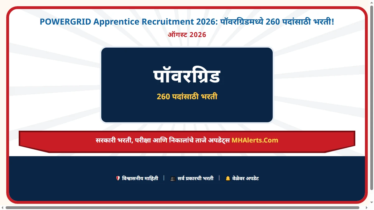 POWERGRID Apprentice Recruitment 2026: पॉवरग्रिडमध्ये 260 पदांसाठी भरती!