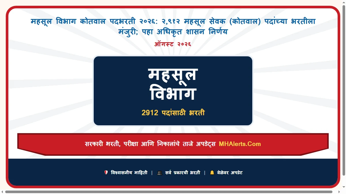 महसूल विभाग कोतवाल पदभरती २०२६: २,९१२ महसूल सेवक (कोतवाल) पदांच्या भरतीला मंजुरी; पहा अधिकृत शासन निर्णय